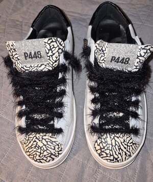 P448 White and Black Textured Animal Print Platform Sneaker with Black Fur Laces